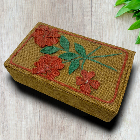 Unbranded Other - Vintage 1970's OOAK Burlap Covered Trinket Storage Box Hinged Lid Flowers Hippie
